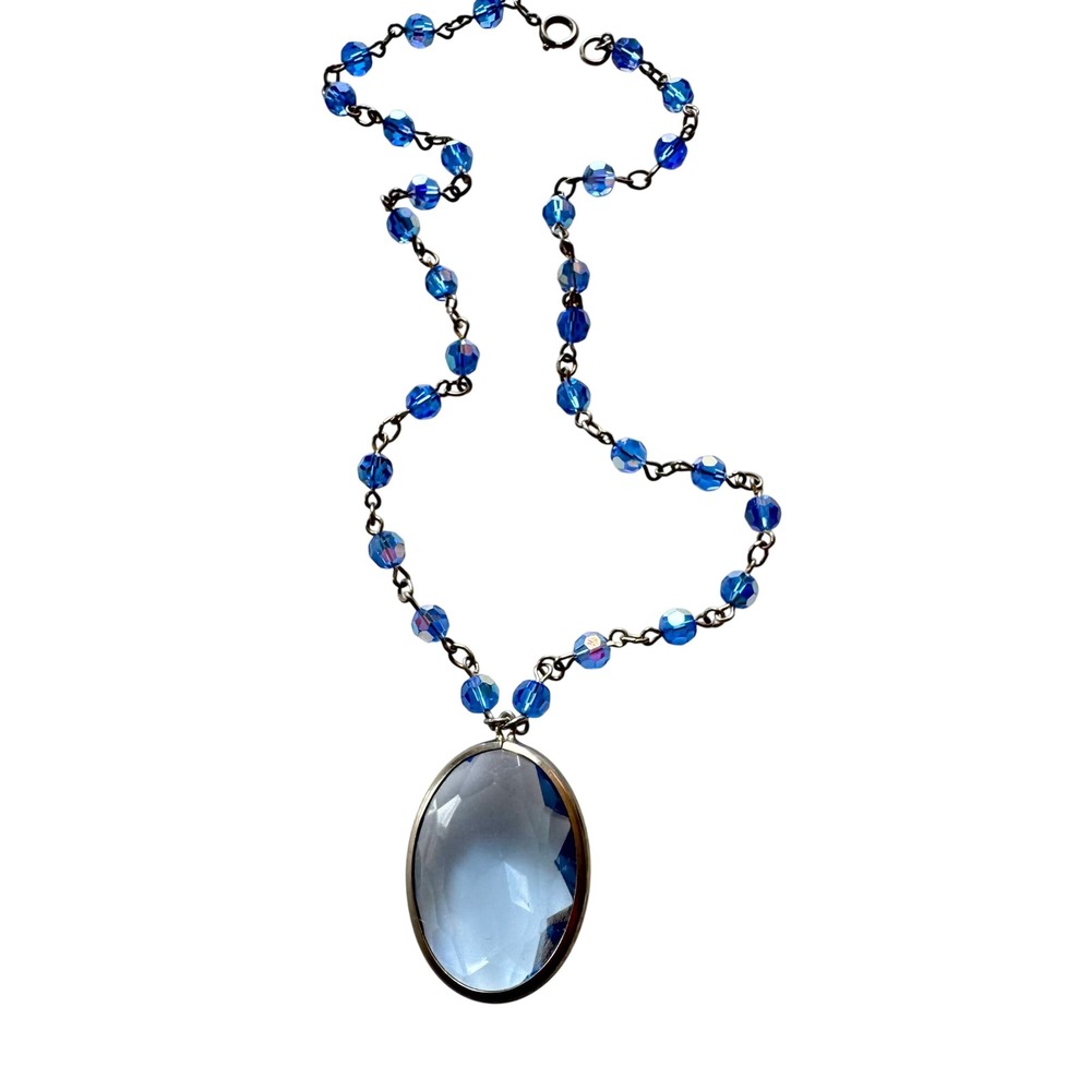 Vintage Blue Crystal Bead‎ Necklace Large Oval Faceted Glass Pendant 20 Inch